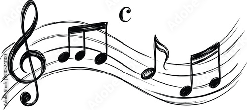 Billede på lærred Hand-drawn musical notes flowing across swirling staff lines with treble clef an