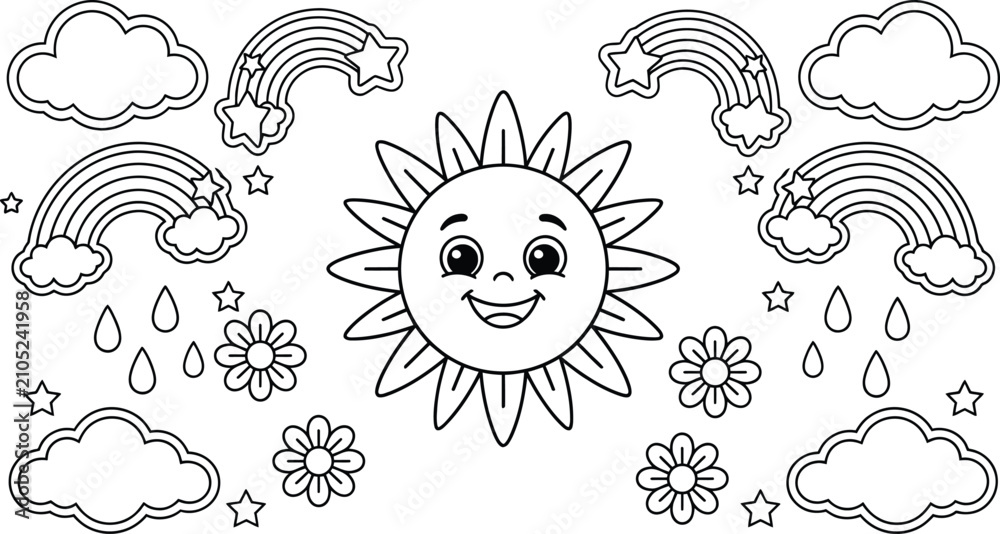 Obraz premium Joyful smiling sun surrounded by happy fluffy clouds, vivid rainbow arches, falling raindrops, and pretty blooming flower blossoms.