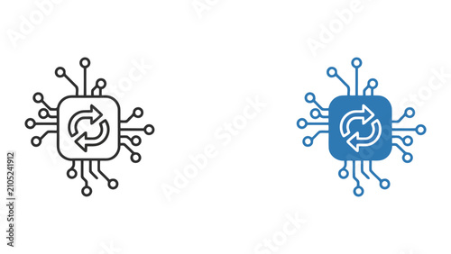 Digital microprocessor chip icon with circular refresh arrows for data processing and system synchronization concepts in minimalist vector graphic isolated on a clean white background design