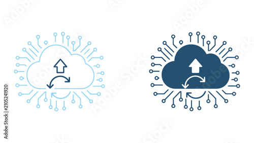Cloud data synchronization and storage icon set featuring cloud computing with upward arrows and circuit patterns in linear and solid styles for digital infrastructure and cloud services