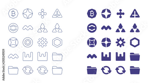 Collection of twenty unique financial and technology icons including bitcoin and folder and gear symbols in clean flat vector style for digital business and software interface design elements
