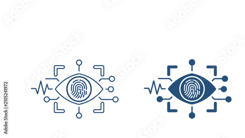 Biometric eye recognition icon set with fingerprint pattern and digital circuit lines for identity authentication and advanced security monitoring technology concepts in vector format