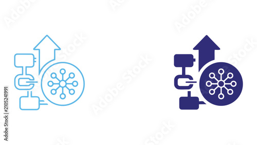 Hierarchical data structure flow chart with upward growth arrow and interconnected network node icon in blue line art and solid fill style for organizational management and tech concepts