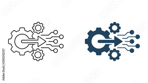 Automation gear and circuit path icon with arrow for industrial technology and digital process optimization vector illustration isolated on white background for tech and engineering concepts