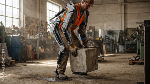 Worker using robotic exoskeleton lifting concrete block