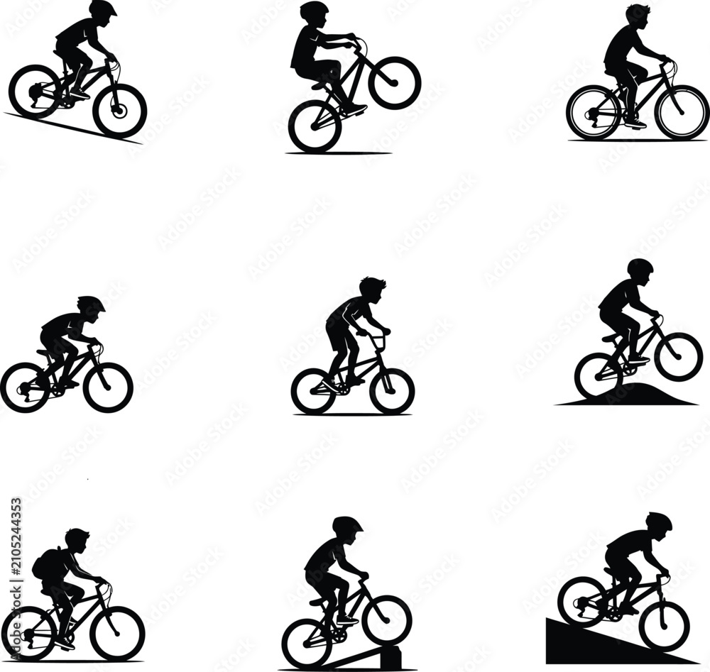 Fototapeta premium Bicycle Rider Silhouettes On White Background Various Cycling Positions