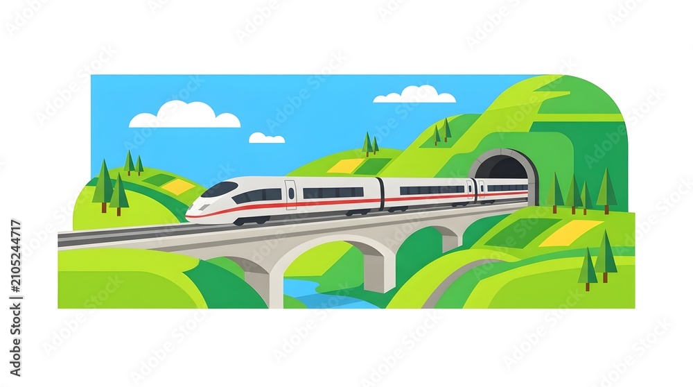 Fototapeta premium Modern flat vector illustration of a high-speed passenger train crossing a bridge through green hills and countryside landscape. Suitable for transportation, railway, mobility, infrastructure, and tra