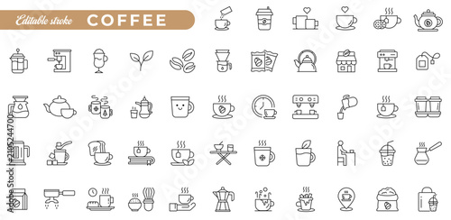 Coffee icon set in Editable stroke. Contain icons related to coffee, mug, coffee cup, coffee machine, coffee beans, and more. Outline Icon Collection.