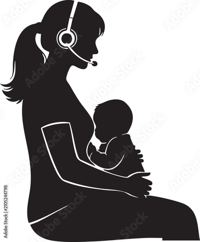 Silhouette of a mother multitasking while breastfeeding her baby