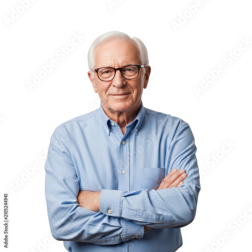 A confident older man with glasses and a blue shirt standing against a white background.
