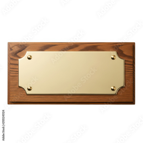 A wooden plaque with a gold plate mounted on it, secured by four screws.
