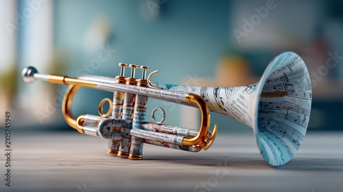 Brass trumpet decorated with printed music sheet patterns lying on wooden table