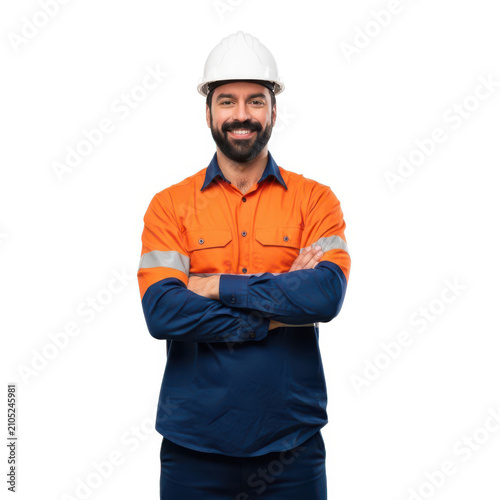 A construction worker wearing a hard hat and orange safety shirt stands confidently with arms crossed.
