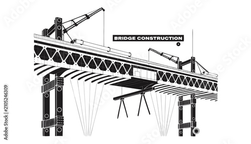 Very beautiful black and white realistic vector illustration of BRIDGE CONSTRUCTION ENGINEERING featuring a bold engineering label reading 