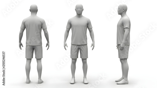 Three dimensional grey human figure model in athletic t-shirt and shorts shown from front back and side views for character design reference