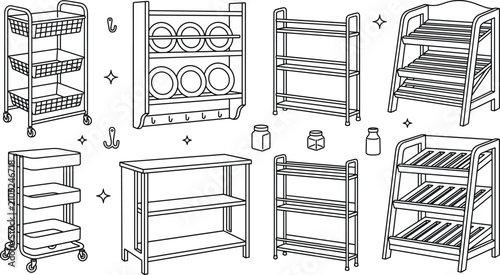 Bild auf Leinwand Kitchen organizer rack storage shelf trolley furniture line art vector icon coll