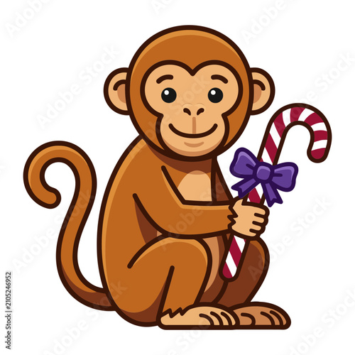 Cute Cartoon Monkey Holding A Festive Red And White Striped Candy Cane With A Purple Bow Isolated On White Background For Christmas Holiday Designs