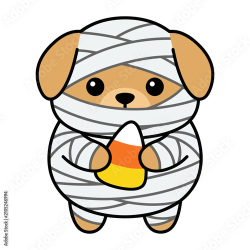 Cute cartoon puppy dressed in white mummy bandages holding a sweet candy corn treat for a fun Halloween spooky celebration vector graphic design