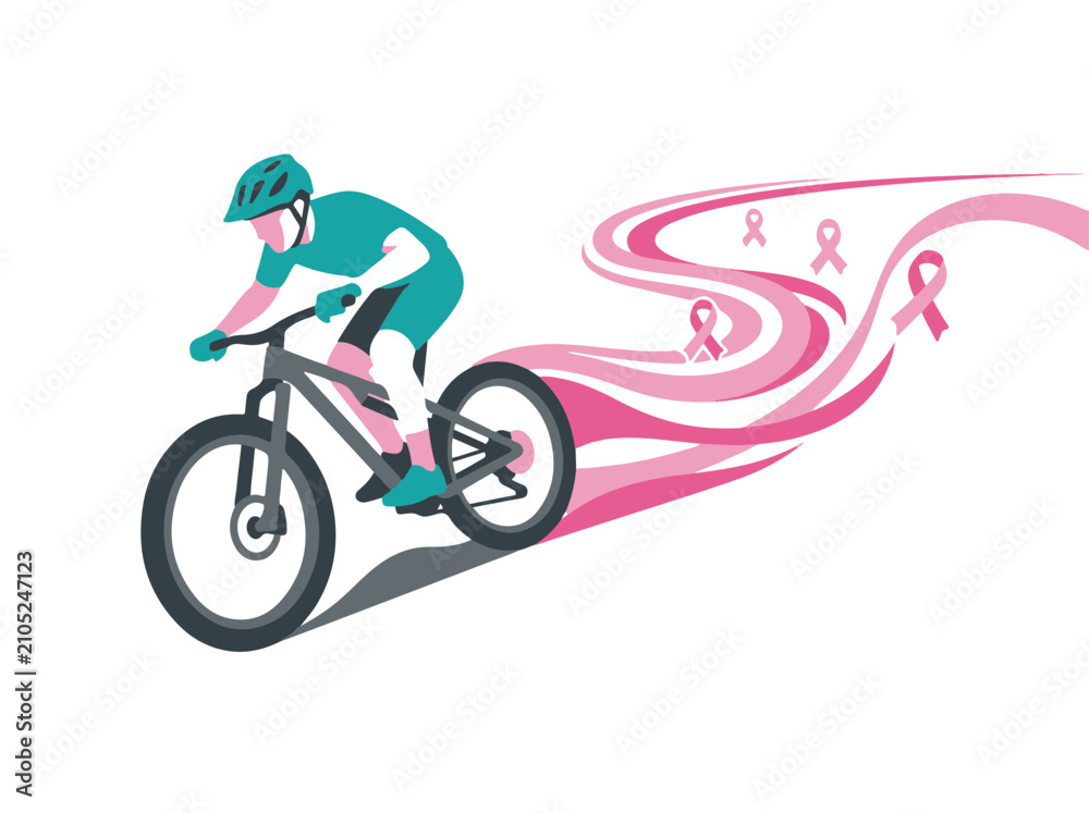 Fototapeta premium Biker Actively Cycling with Flowing Pink Ribbons for Breast Cancer Awareness Campaign Illustration