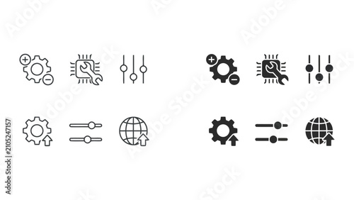 System settings and configuration control icons for software adjustments and network optimization in professional vector design