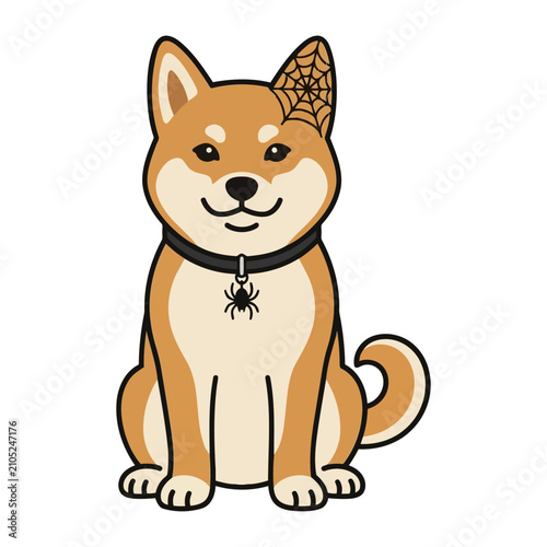 Cute Shiba Inu Dog Vector Illustration with Spooky Halloween Spider Web Design on Ear and Spider Charm on Black Collar for Festive Holiday Graphics