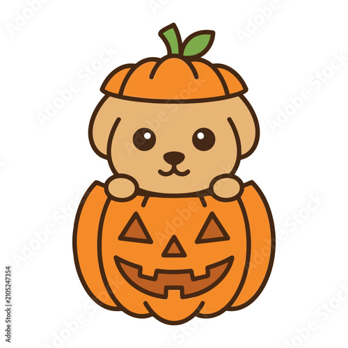 Cute cartoon dog character peeking from an orange jack-o-lantern wearing a pumpkin hat isolated on white a delightful Halloween illustration perfect f