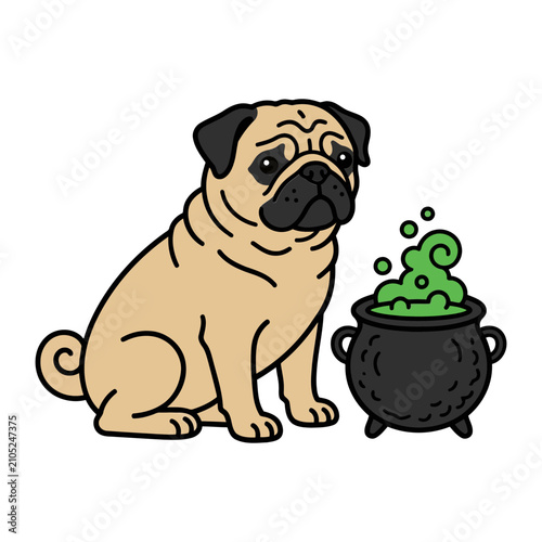 Cute Pug Dog Sitting Next To A Magical Black Cauldron With Bubbling Green Potion Vector Illustration For Halloween Spooky Holiday Party Decoration