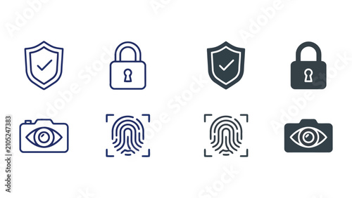 Security and biometric authentication icon set featuring shields padlocks camera eyes and fingerprint scanners in professional outline and solid styles isolated on white background
