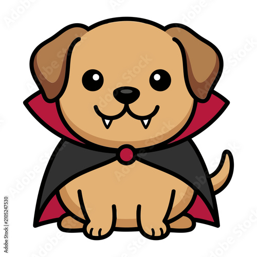 Cute cartoon puppy dog character wearing a spooky black vampire cape with red interior lining for a fun festive Halloween holiday themed illustration