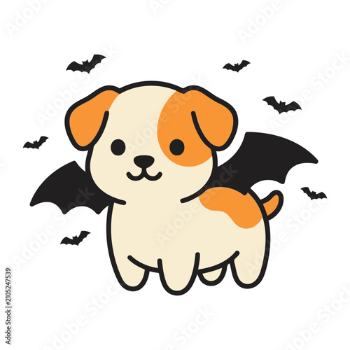 Cute Cartoon Puppy Dog Wearing Black Bat Wings Costume For Halloween Celebration Vector Illustration Featuring Many Small Flying Bats Isolated On Whit