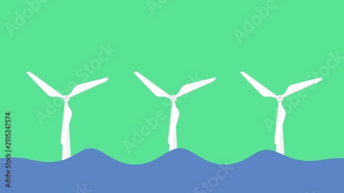 Three Offshore Wind Turbines Spinning in Ocean