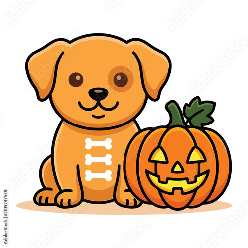 Cute cartoon puppy dog sitting beside a spooky jack o lantern pumpkin carving for a fun and festive autumn halloween themed celebration graphic design