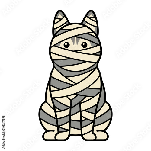 Cute cartoon cat mummy vector illustration for Halloween celebration design isolated on white background in minimalist flat style for seasonal art