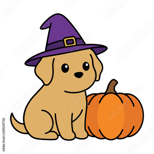 Cute cartoon puppy wearing a purple witch hat sitting next to an orange pumpkin for a festive Halloween theme vector illustration isolated on white