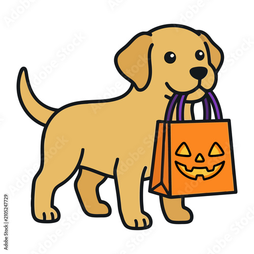 Adorable cartoon golden retriever puppy holding a vibrant orange jackolantern trick or treat bag ready for Halloween festivities on a clean white back