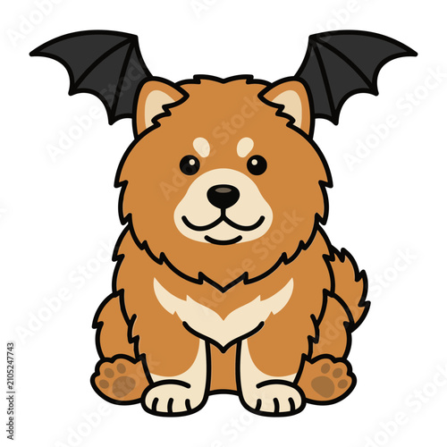 Cute cartoon Chow Chow puppy character wearing black bat wings for a fun and spooky Halloween themed vector illustration design on white background