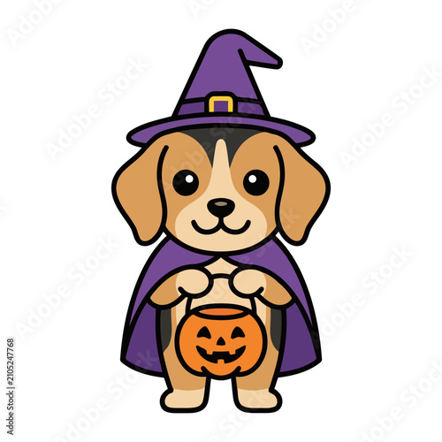 Cute Cartoon Beagle Puppy Wearing A Purple Halloween Witch Hat And A Matching Cloak Holding A Smiling Jack O Lantern Pumpkin Bucket For Trick Treat