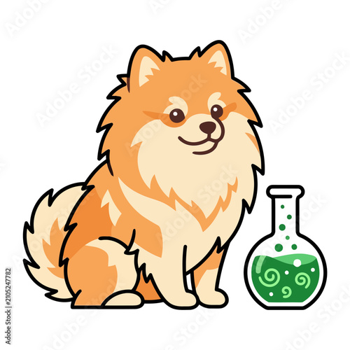 Cute Cartoon Pomeranian Dog Sitting Beside A Glowing Green Potion Bottle Illustration For Halloween Theme Designs And Spooky Magic Project Graphics