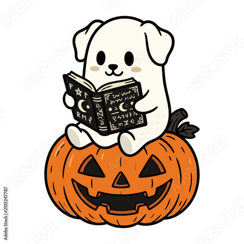 Cute white puppy character reading a magical spell book while sitting on a carved orange jack o lantern pumpkin for a fun spooky Halloween design