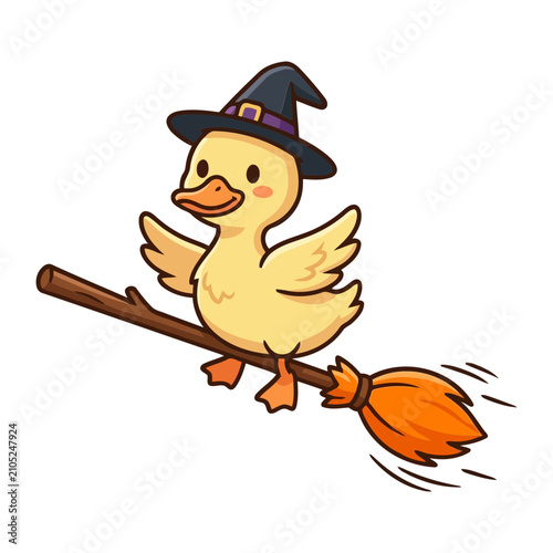 A cute cartoon baby duck wearing a black witch hat while flying on a magical broomstick in this fun and festive vector style halloween holiday art
