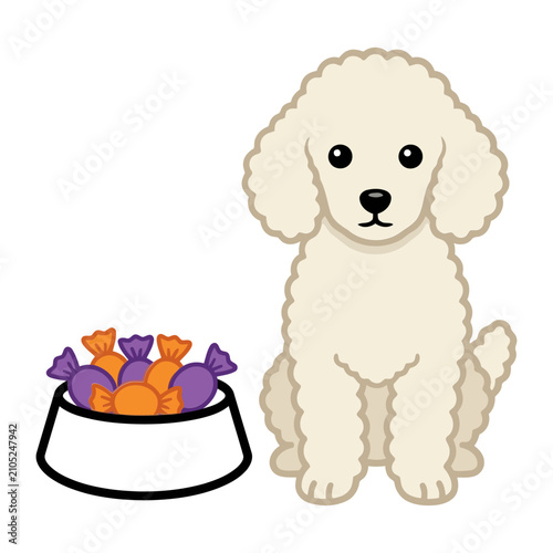 A Cute Cartoon White Poodle Sitting Next To A Pet Food Bowl Filled With Orange And Purple Halloween Candy Wrappers Isolated On A Clean White Backgroun