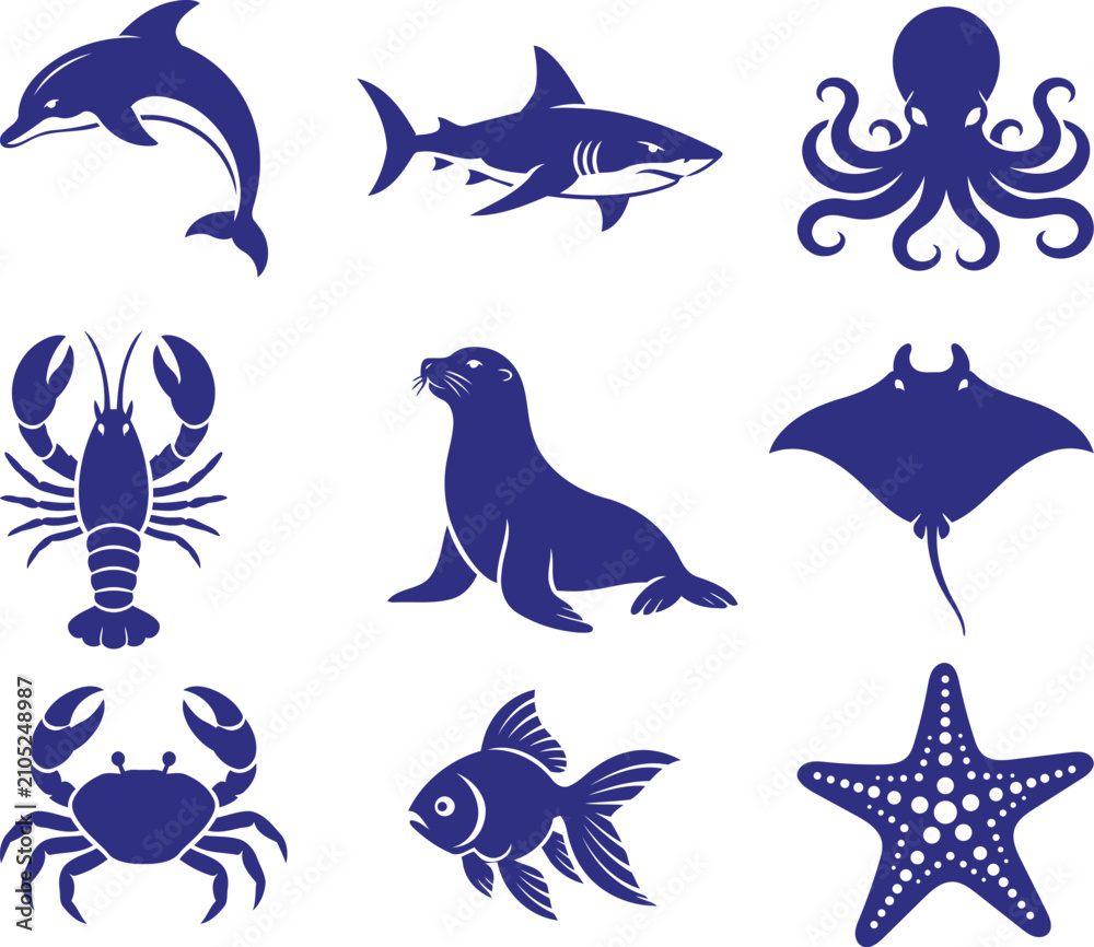 Fototapeta premium Collection of isolated navy blue marine animal icons including a dolphin shark octopus crab lobster seal stingray goldfish and starfish