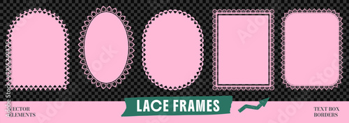Elegant lace frames with scallop border pattern for text box. Cute oval and rectangle shapes, floral heart edge in pink. Vector frame set on dark checkered bg as transparent png