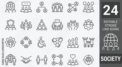 Society line icon set. Editable Stroke. Community, people, cooperation, unity, social, network - stock vector.