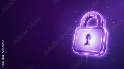 Glowing purple digital padlock on cyber space background