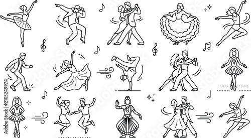 Photos Dance styles and performing arts line art vector icon set with ballet hip hop ba