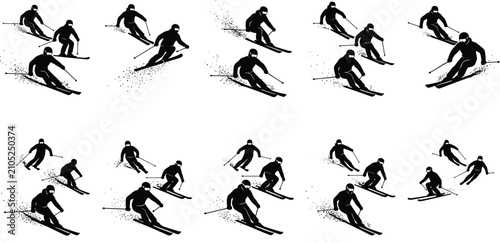 Photos Skiers In Motion Black Silhouette Pattern On White Background