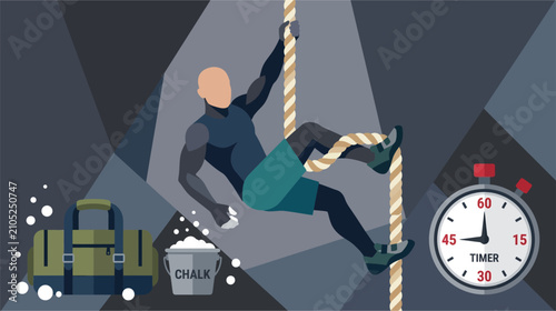 Vector illustration of a person performing a vertical rope climb exercise, showcasing physical strength, climbing technique, and athletic equipment on a clean background.