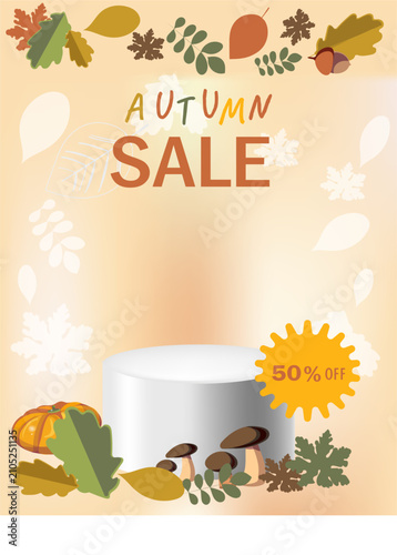 Autumn Sale Banner Template with Fall Leaves, Pumpkins and 50% Off Discount

