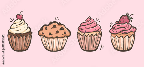 Cupcake doodle set. Collection of muffin cake hand drawn illustration. Dessert pastry vector elements. Line art of cake flavor with cupcake vanilla cream, strawberry, chocolate muffin.